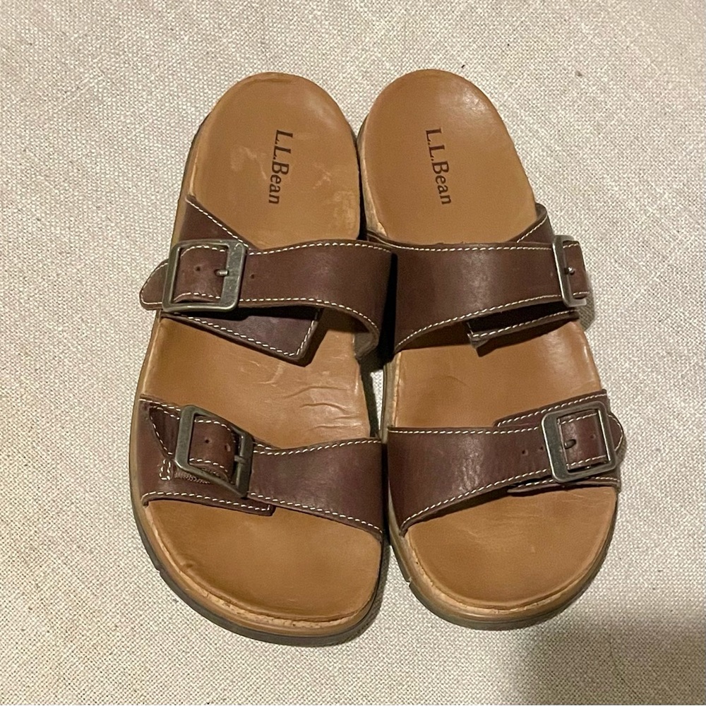 Woman's LLBean Cork Bed Brown Leather Slip Buckle Strap Sandals Size 7